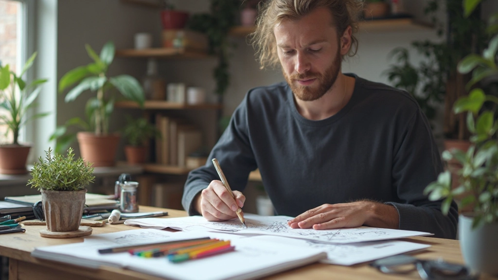 Ontwerper schetsend in notitieboek met design materialen op bureau