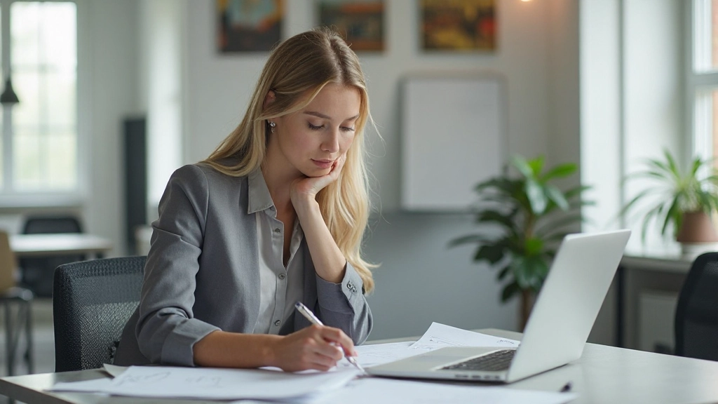 Professioneel werkende vrouw aan bureau met laptop en notitieboek
