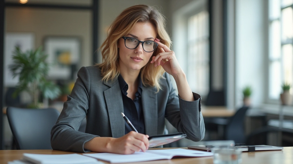 Professionele vrouw aan bureau die creatief nadenkt met notitieboek en laptop